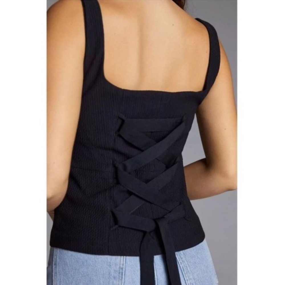 MAEVE Black Tie Back Tank L Petite Scoop Neck Corset Style